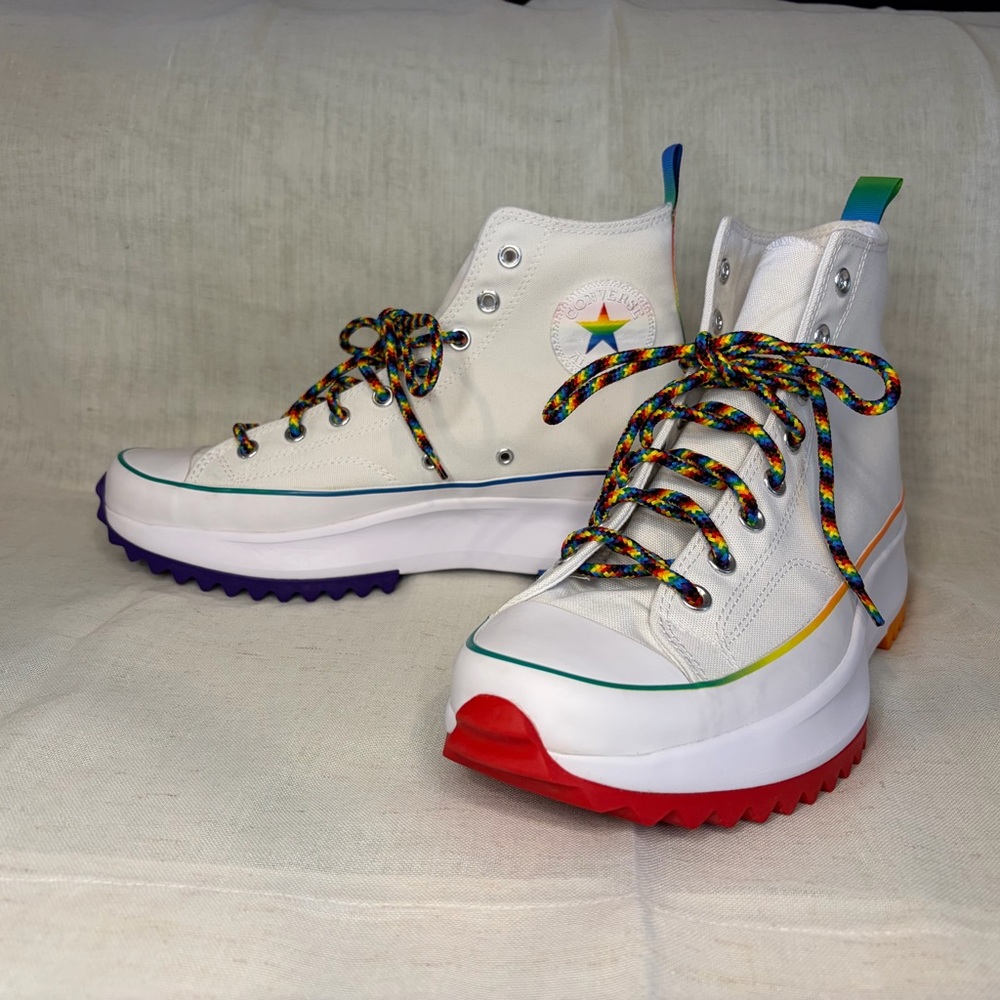 Converse White High-Top Sneakers with Rainbow Accents